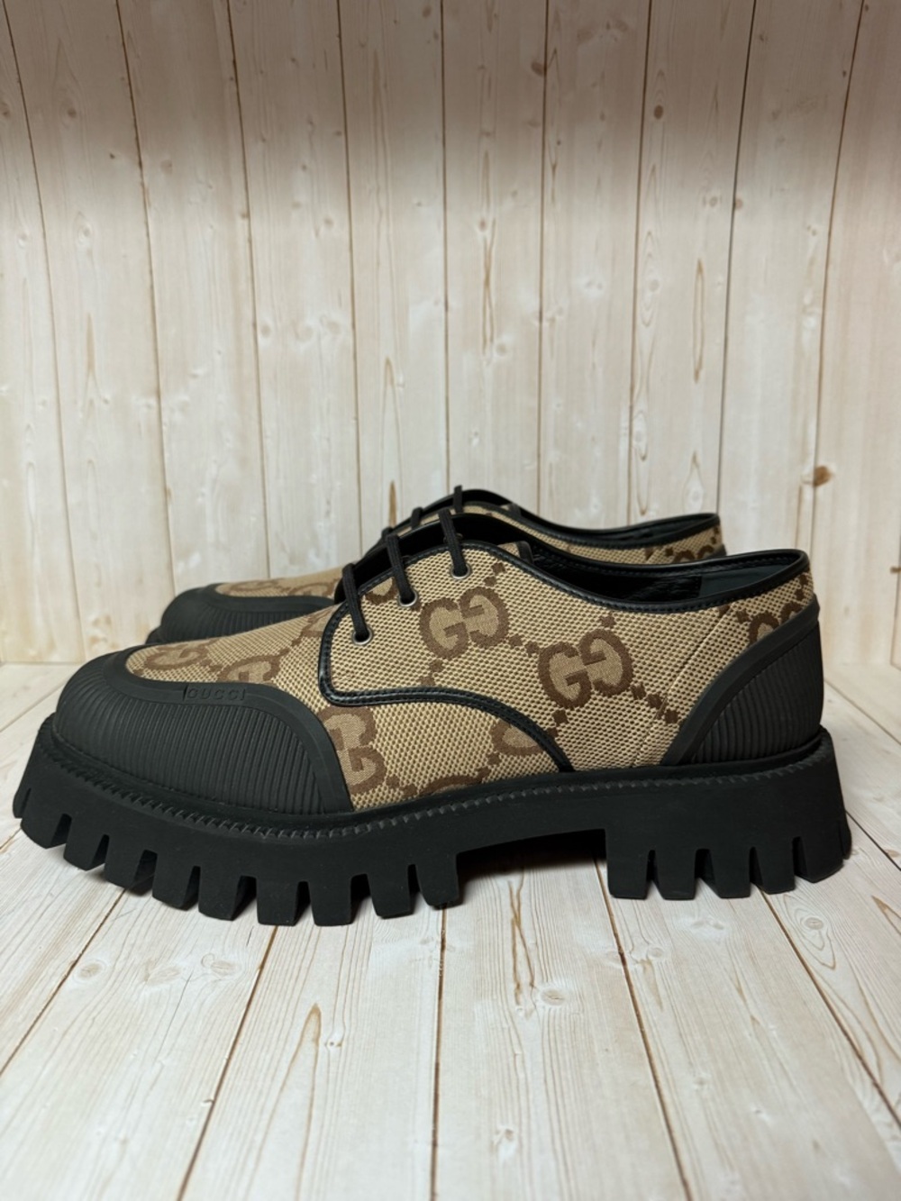 Gucci Monogram Jumbo Maxi GG Lace Up Derby Camel Ebony/Black Sz 13G / 13.5US - Picture 4 of 13